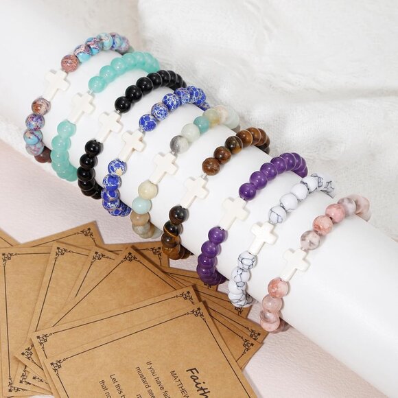 YVVLEE 9Pcs Cross Bracelets Set Natural Stone Beaded Christian Jewelry for Faith - Picture 7 of 7